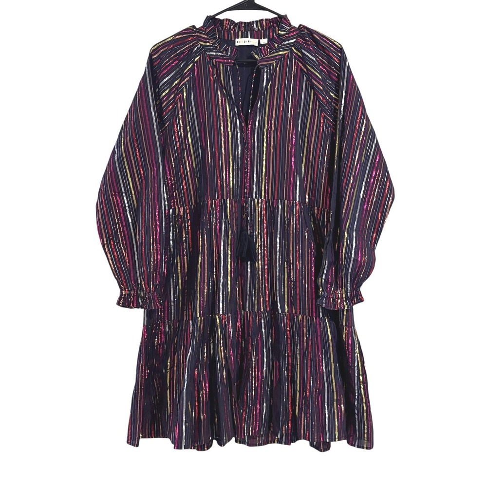 Roller Rabbit Navy Metallic Striped Tiered Mini Dress Tassel V-Neck XS